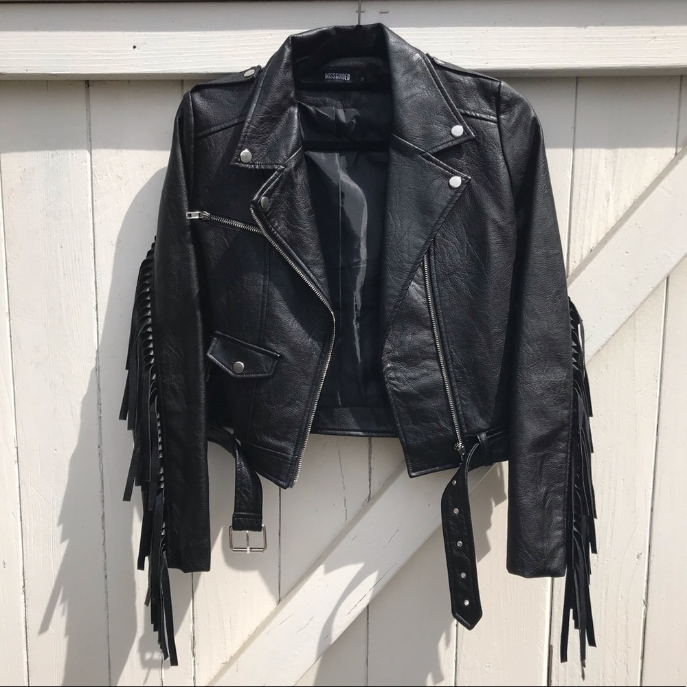 MISSGUIDED BLACK FRINGE BIKER JACKET